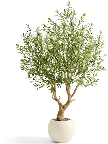 7.5 FT Large Luxury Artificial Olive Tree, Tall Faux Olive Tree with White Pot, Extra Lush Stereoscopic Shape, 5 Minutes Easy Set-up, Realistic Trunks and Lifelike Leaves & Fruits, Home Office Décor