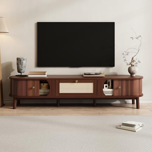 Merax TV-Schrank Fernsehtisch, TV-Lowboard für Wohnzimmer mit Türen aus Massivholz und Schubladen aus Rattan – Natürlicher Fernsehschrank – Walnussoberfläche – 170 x 38 x 39,5 cm
