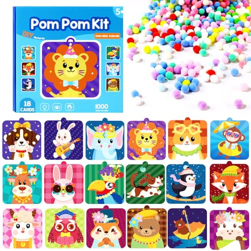 Bastelset Kinder, Tier Pompon Bastelset Pom Pom Kit Tier Handwerk Set Mit Pompons Kreatives DIY Set Bastelmaterial für Kinder Mit 18 Muster für Basteln am Kindergeburtstag Dekorieren Ausstellen
