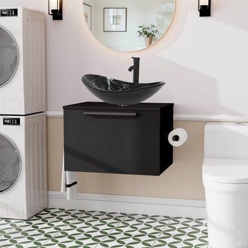 ZealWe Badmöbel-Set Waschtisch mit Unterschrank 60cm, Waschbeckenunterschrank mit Waschbecken, Badezimmermöbel Matt Schwarz Badezimmerschrank Hängend, 2-teilig, für kleine Gäste WC, Sternenhimmelfarbe