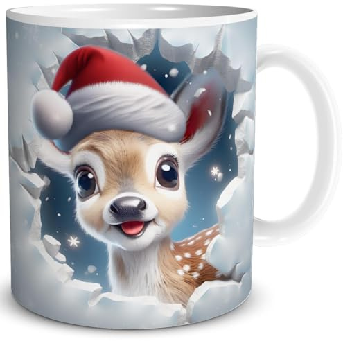 TRIOSK Weihnachtstasse 3D Illusion Reh mit Weihnachtsmotiv Becher-Durchbruch - Lustige Geschenkidee für Frauen, Tier- & Rehliebhaber, Männer & Kollegen - Keramik-Tasse 300 ml