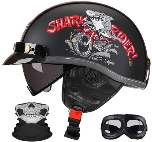 Retro Halvöppen Motorcykelhelhjälm – Ultralätt, Dragbar Linse & Skyddsögonbindel, Multifunktionell Snabbfrisläppande, Unisex Alla Säsonger, ECE/DOT-certifierad.(3,M=57~58CM)