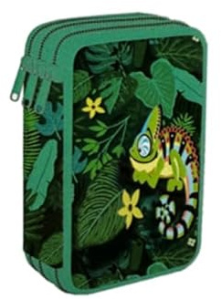 Goldkids - Federmäppchen 3 Fächer - Mäppchen für Mädchen und Jungen - Federmappe 3-Fach Federtasche Gefüllte Schüleretui Schulmäppchen - Tropisch Motiv