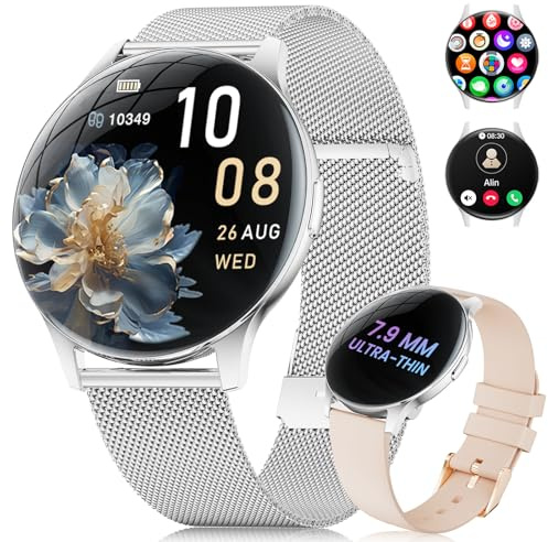 2026 Smartwatch Damen mit Telefonfunktion, 1,43'' Amoled Touchscreen Sportuhr mit 120+ Sportmodi/Schrittzähler, 24/7 Herzfrequenz/SpO2/Schlafmonitor,IP68 Wasserdicht Fitnessuhr für Android iOS,Silber