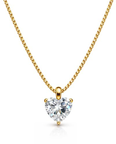 AVERELLE Halskette Damen, Herzkette mit Zirkonia, Gold- oder Silberkette | Goldkette Damen oder Silberkette Damen: 18K Gold- bzw. Weißgold vergoldet, 316L Edelstahl, wasserfest, Herzanhänger, 40+6 cm