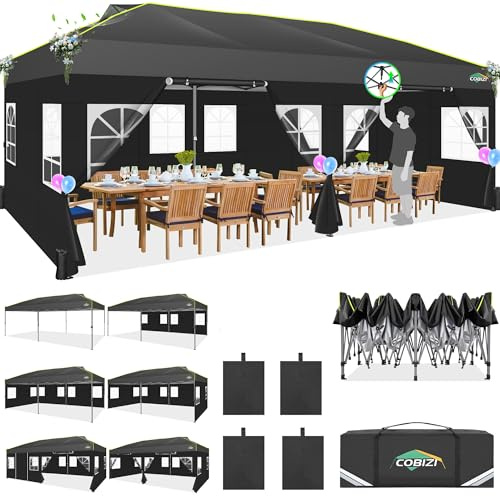 COBIZI Faltpavillon 3x6 Pop Up Pavillon Klappbar mit 6 Seitenwnden, Schwarz | Wasserdicht Winterfest, 3x6 Zelt mit Belüftungsöffnungen Leuchtstreifen, Gardenpavillon Partyzelt für Markt, Freien