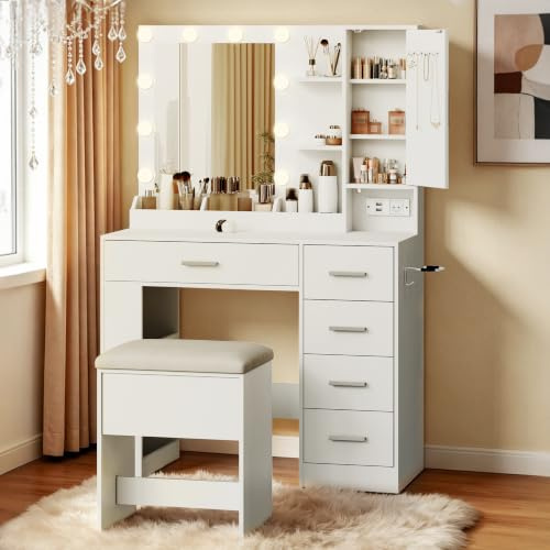 Tocador con Espejo e Iluminación, Mesa de Maquillaje con Taburete, Enchufe Integrado y Puertos USB, Tocador con 5 Cajones, Armario para Joyas, Estantes Abiertos y Soporte para Secador de Pelo, Blanco