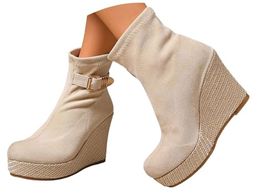 Generisch -Botines de punta redonda con tacón grueso que se deslizan en el interior - Zapatos cómodos y casuales para el día a día, beige, 42 EU