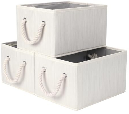 StorageWorks Storage Baskets for Shelves, Wardrobe Organiser Boxes with Handles, Clothes Storage Boxes, Fabric Storage Box for Organising Towels, T-shirts, Toys, Beige, White & Ivory, 3-Pack, Small