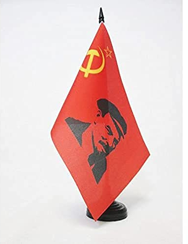 AZ FLAG Drapeau de Table URSS avec Lénine 21x14 cm Socle Plastique | Usage intérieur Drapeau de bureau communiste finition cousue et bords renforcés avec mât en plastique et socle en plastique