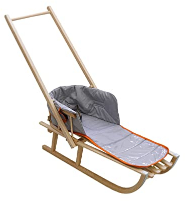 Slittino in legno per bambini con schienale Slitta Davoser in legno con cintura di sicurezza, schienale, pusher e materasso - Natur/Grau Leinen