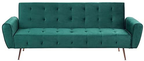 3-Sitzer Schlafsofa Samt grün gesteppt mit hohen Metallfüßen kupfer Selnes