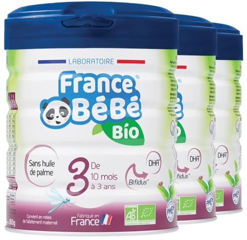 FRANCE BéBé BIO - Lait infantile de croissance bébé 3ème âge en poudre - Lait fabriqué en France - 13 Vitamines 12 Minéraux - Pack 3 boîtes de 800g
