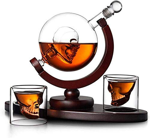 Whisky Decanter Skull Vodka Globe Set, Globe Terrestre Gravé, Bateau À Voile En Verre Artisanal, Avec Distributeur D'alcool À 2 Verres Avec Support En Bois, 850 Ml, Meilleurs Cadeaux De Noël Pour Le P