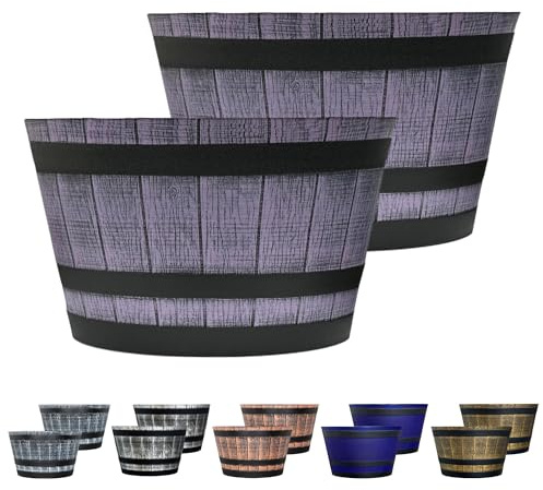 SG Traders Large Half Barrel Cask Planter, Flower Plastic Pots Outdoor Garden Planters, Indoor Plant Pot with Drainage Holes, Lilac Slate, Tan, Greywood with Black Straps, Set of 2, 40 x 24cm