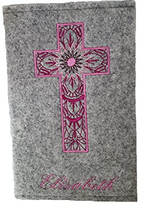 Personalisierte Gotteslob-Hülle Kreuz mit Ornament Kommunion Firmung Name hellgrau/rosa