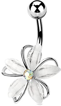 Tata Gisèle Piercing Nombril Banane en Acier Chirurgical 316 L et Oxydes de Zirconium - Délicate Fleur avec Cinq Pétales Acier et Zircons et Zircon Central Rond - (Argenté)