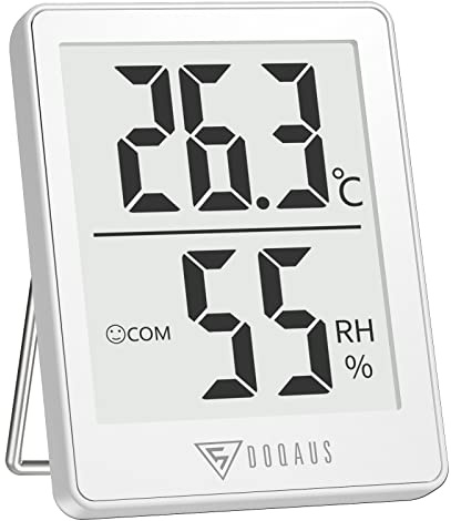 DOQAUS Hygrometer Thermometer Innen, Digitales Mini Raumthermometer | Hohe Genauigkeit, Temperatur und Luftfeuchtigkeitsmesser, Smiley-Indikator, für Innenraum, Babyraum, Wohnzimmer, Büro, Weiß