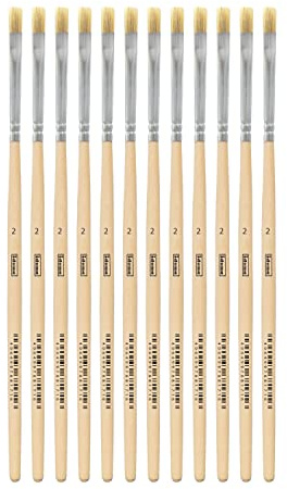 Idena 90093 - Borstenpinsel, Größe 2, mit unlackiertem Holzstiel, 12er Set, Malpinsel für Schulkinder Hobbykünstler