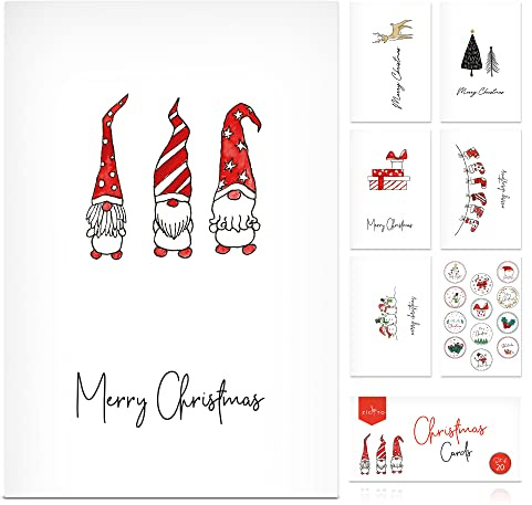 ZICOTO Beautiful Modern Christmas Cards Set of 20 - Incl. Bulk Envelopes, Matching Stickers And Storage Box - Perfect to Send Warm Holiday Wishes to Friends and Family