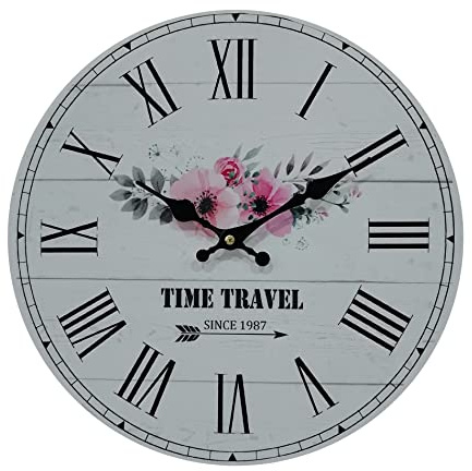 Rebecca Mobili Vintage-Stil Wanduhr, Dekorative Uhr, MDF, Weiß Schwarz Rosa, Blumendruck, Shabby Chic Stil - Durchmesser 33,8 cm x T 4 cm - Art. RE6807