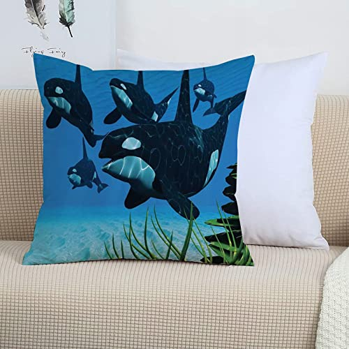 2er-Set Dekorativ Kissenbezug 45x45 cm,Wal, Pod Killerwale Schwimmen entlang eines Riffs auf der,Polyester Kissenbezüge Dekokissen Kissenhülle Set Kissen Fall für Sofa Auto Schlafzimmer Zuhause Dekor