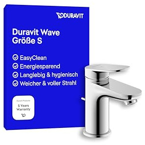 Duravit Wave Waschtischarmatur, Größe S (Auslauf Höhe 77 mm), energiesparende Waschbecken Armatur (FreshStart), Wasserhahn Bad mit Zugstangen-Ablaufgarnitur, Chrom