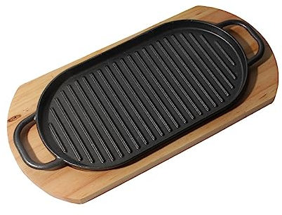 RUTAVM Cast Iron Fajita Set, Grilled Steak Meat Iron Plate Cast Platter Wooden Base For Restaurant Home Kitchen Cooking Accessory Pan Grilling Meats Seafood Supply,Large