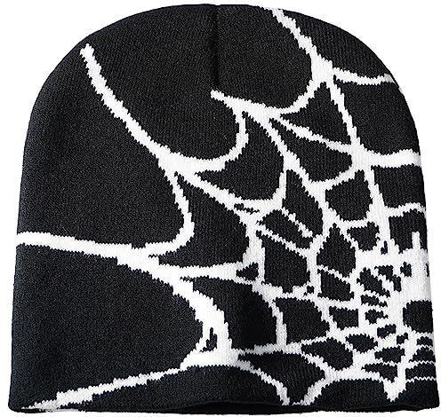 XYIYI Y2K Gothic Spider Muster Strickmütze Damen Slouchy Gestrickt Beanie Herren Winter Warm Skull Cap