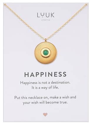 LUUK LIFESTYLE Feminine Halsketten aus Edelstahl mit schlichten Anhängern in zeitlosem Design, Glücksbringer, alltagstauglich und langlebig, HAPPINESS Spruchkarte, Geschenk, Silber, Gold, Roségold