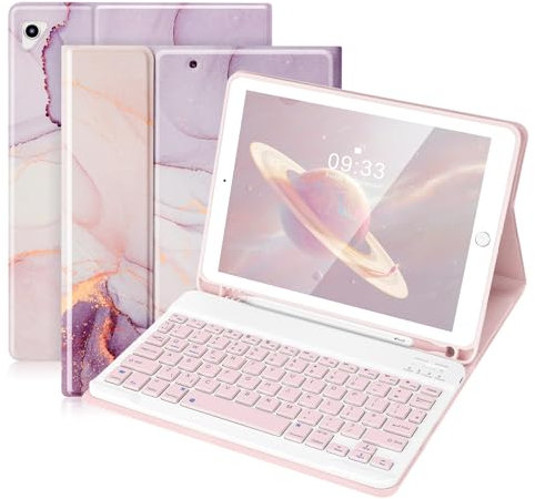 SOPPY Bluetooth Keyboard Case for iPad 6th/5th Gen (2017-2018), iPad Pro 9.7, iPad Air 1-2, Detachable Wireless Keyboard with Pencil Holder, Slim Protective Cover, USB-C Rechargeable, Purple Marble