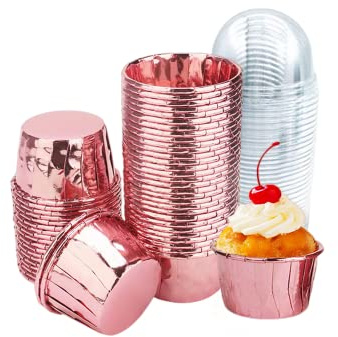 Paquete de 100 moldes de aluminio para hornear de 3.5 onzas con tapas de cúpula, desechables, mini moldes para magdalenas, envoltorios para magdalenas, envoltorios para bodas, cumpleaños, San