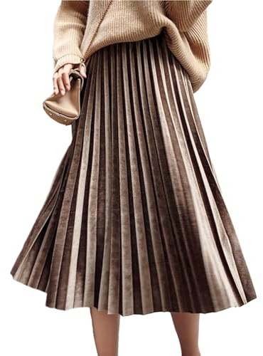 Gonna in velluto traspirante elastica a vita alta tinta unita plissettata gonna midi in velluto per donna autunno inverno moda, Cammello, M