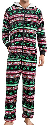 Herren Weihnachten Overall Jumpsuit One Piece Anzug Fleece Onesie Flauschig mit Kapuze Einteiler Schlafanzug Oversize Hoodies Nachtwäsche Winter Homewear Bequem Weich Flanell Schlafoverall