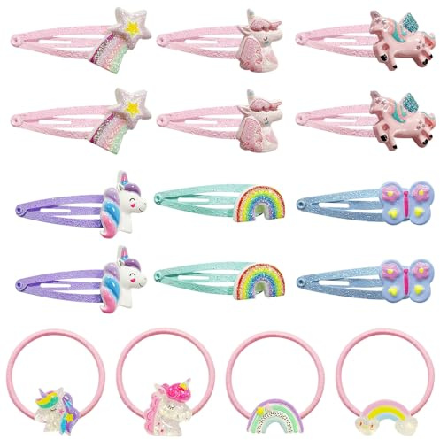 Einhorn Haarspangen Kinder Set 16 Stück Bunte Haarklammern Mädchen | Mit bunten Haarclips und Haargummis, süßer Einhorn-Haarschmuck für Mädchen, ideal für Alltag, Schule und Partys