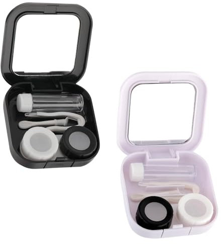 TRMFUSA 2 Pieces Contact Lens Case, Cute Contact Lens Case with Mirror, Portable Soaking, Storage Set with Remover, Tool, Tweezers, Solution Bottle, Colourful Contact Lens Case, White+Black, Contact