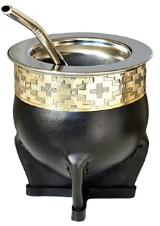 Taza Mate Imperial Argentino Premium - Hecho de Acero Inoxidable Térmico - Exterior Cuero Negro con Plata Alemana - Calabaza Yerba Mate Moderna - Incluye Bombilla de Regalo.