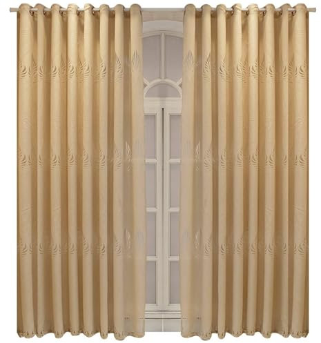 Wycian Kurzgardine Querbehang Fenstergardinen Kurz Baumwolle Champagner-Gold Voile 2er Pack mit Mesh-Blattmuster H115 x B107 cm (2er Pack) Baumwolle