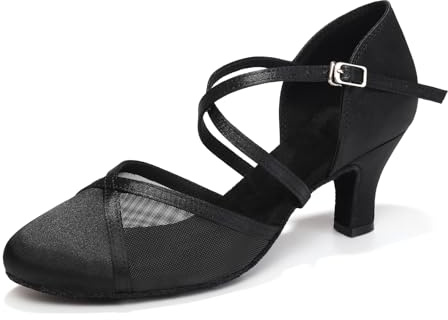 Uonpie Scarpe da Ballo Latino Salsa Donne in Raso Punta Chiusa Tacco Basso Pratica Nero Scarpe da Ballo da Sala da Allenamento,38.5EU