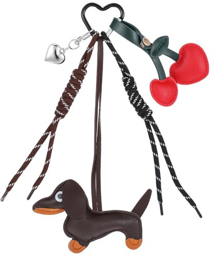 Giantree Dackel Schlüsselanhänger, Süße Leder Dackel Herz Kirsche Taschenanhänger Dackel Keychain Dackel anhänger Glücksbringer Dackel Geschenke (Dunkelbraun)