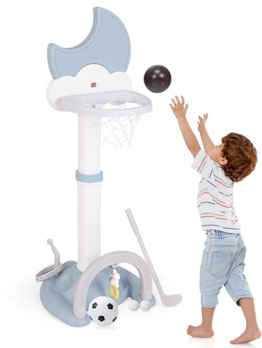 GOPLUS 4 en 1 Panier de Basket Enfants Réglable 114-152 cm, Effet Sonore de But, Tableau de Score Electronique en Forme de Lune, Football, Jeu de Golf, Anneaux, pour Intérieur Extérieur (Bleu)