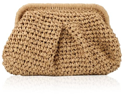 Kighdel Women's Cloud Dumpling Khaki Straw Clutch Purse, 26cm (L) x 20cm (W) x 4cm (H), Hand-Woven Raffia Beach Bag, Unique Design, Breathable Material