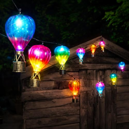 Festive Lights - Solar Hot Air Balloon String Lights - 2.7m Outdoor Garden Fairy Lights, 10 LEDs Multi Colour Hanging Decorative Solar Lights for Patio, Pergola, Balcony Lighting, Weather Resistant