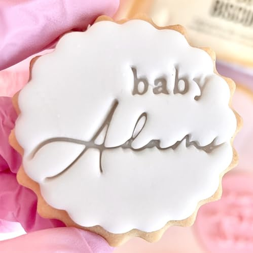 Baby Shower Customised Name Fondant Stamp Embosser, fits M&S Biscuits Cookies Personalised to Any Name Reusable Cake Decorating Tool for Cupcakes Biscuits Cookies Marks and Spencers with Free Cutter