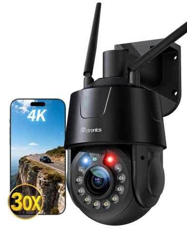 Ctronics 4K 30X Optischer 3D Zoom Überwachungskamera Aussen mit | Auto-Tracking & Zoom, 150m IR/50m Farbe Nachtsicht, 5G/2.4GHz, Rot/Blau Licht, 2 Patrouillen & 32 Presets, 256GB TF/FTP/NVR