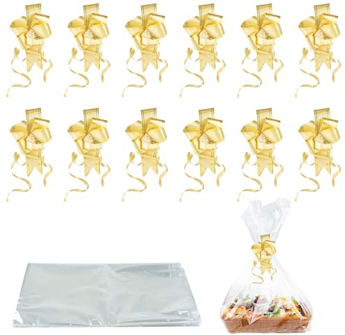 NIXRET 12 Stück Geschenkfolie zum Verpacken Transparent 70 * 100cm | Geschenkfolie Tüten Große Kapazität Geschenktüten mit 12 Zugschleifen & Twist für Geschenke Körbe,Blumen,Kunsthandwerk
