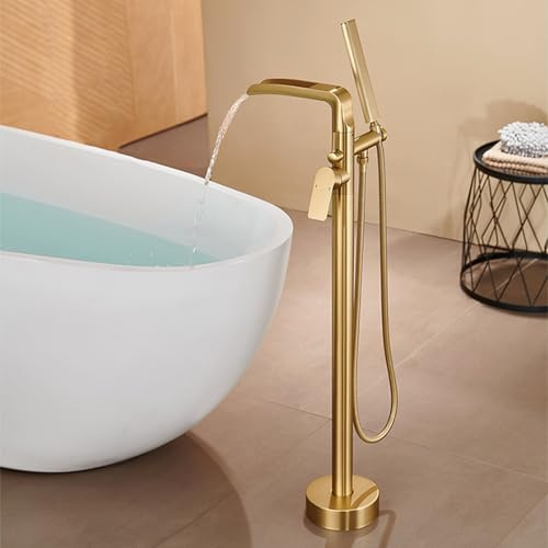 Wasserfall Armatur Badewanne Freistehend, Einzelloch Dual Modus Badewannenarmatur mit Duschsystem,Gold Gebürstet