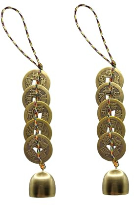 Campanelli Eolici Fengshui,2 PCS Campanelli Cinesi Feng Shui con 5 Monete Dell'Imperatore per Giardino,Arredamento per Casa e Auto,Campanellis Portafortuna per Esterni/Interni,Regalo di Amicizia