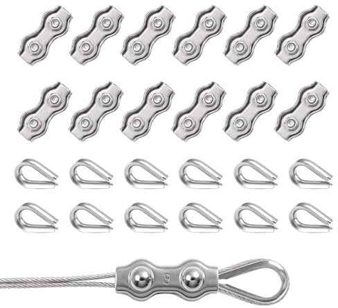 Abrazadera Cable Acero Inoxidable 304,24 Piezas M3 Abrazadera Dúplex y Guardacabos M3, para Tendedero Fijo y Vela Solar, Fijación de Cable para Exterior, Cubierta de Barco, Toldo (M3)