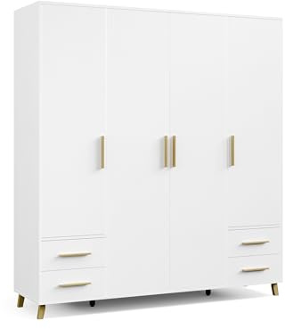 Rauch Möbel Shinjo, Kleiderschrank, Farbe Weiß, Breite 187 cm | Schrank, 4-türig, 4 Schubladen, mit Griffen und Füßen aus Massivholz, Zubehör Classic, für Schlafzimmer, Babyzimmer